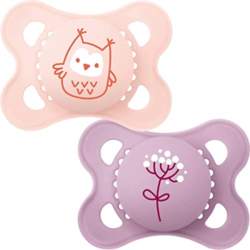 MAM Night Soothers 0+ Months (Pack of 2), Glow in the Dark Baby Soothers with Self Sterilising Travel Case, Newborn Essentials, Blue/White, (Designs May Vary)