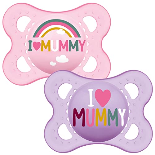 MAM Night Soothers 0+ Months (Pack of 2), Glow in the Dark Baby Soothers with Self Sterilising Travel Case, Newborn Essentials, Blue/White, (Designs May Vary)