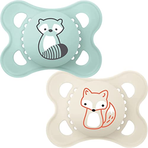 MAM Night Soothers 0+ Months (Pack of 2), Glow in the Dark Baby Soothers with Self Sterilising Travel Case, Newborn Essentials, Blue/White, (Designs May Vary)