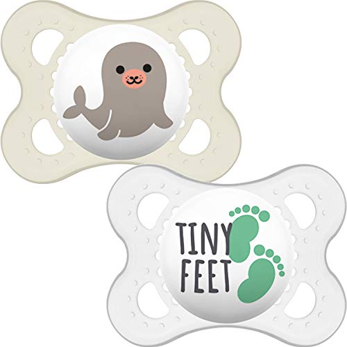 MAM Night Soothers 0+ Months (Pack of 2), Glow in the Dark Baby Soothers with Self Sterilising Travel Case, Newborn Essentials, Blue/White, (Designs May Vary)