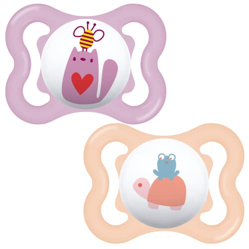 MAM Night Soothers 0+ Months (Pack of 2), Glow in the Dark Baby Soothers with Self Sterilising Travel Case, Newborn Essentials, Blue/White, (Designs May Vary)