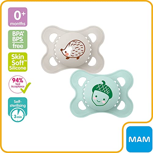 MAM Night Soothers 0+ Months (Pack of 2), Glow in the Dark Baby Soothers with Self Sterilising Travel Case, Newborn Essentials, Blue/White, (Designs May Vary)