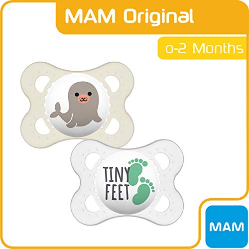 MAM Night Soothers 0+ Months (Pack of 2), Glow in the Dark Baby Soothers with Self Sterilising Travel Case, Newborn Essentials, Blue/White, (Designs May Vary)