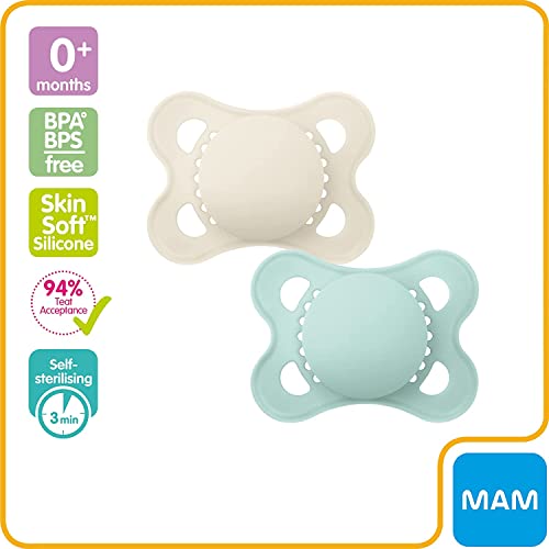 MAM Night Soothers 0+ Months (Pack of 2), Glow in the Dark Baby Soothers with Self Sterilising Travel Case, Newborn Essentials, Blue/White, (Designs May Vary)