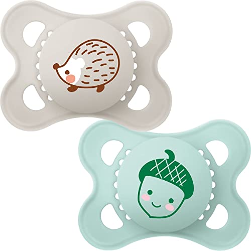 MAM Night Soothers 0+ Months (Pack of 2), Glow in the Dark Baby Soothers with Self Sterilising Travel Case, Newborn Essentials, Blue/White, (Designs May Vary)