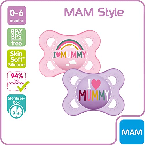 MAM Night Soothers 0+ Months (Pack of 2), Glow in the Dark Baby Soothers with Self Sterilising Travel Case, Newborn Essentials, Blue/White, (Designs May Vary)