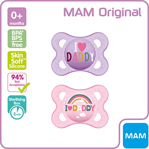 MAM Night Soothers 0+ Months (Pack of 2), Glow in the Dark Baby Soothers with Self Sterilising Travel Case, Newborn Essentials, Blue/White, (Designs May Vary)