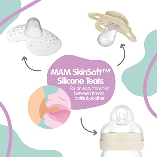 MAM Night Soothers 0+ Months (Pack of 2), Glow in the Dark Baby Soothers with Self Sterilising Travel Case, Newborn Essentials, Blue/White, (Designs May Vary)