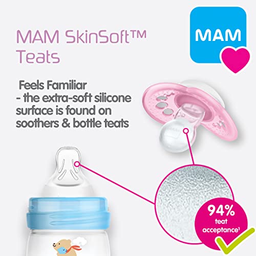 MAM Night Soothers 0+ Months (Pack of 2), Glow in the Dark Baby Soothers with Self Sterilising Travel Case, Newborn Essentials, Blue/White, (Designs May Vary)