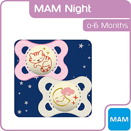 MAM Night Soothers 0+ Months (Pack of 2), Glow in the Dark Baby Soothers with Self Sterilising Travel Case, Newborn Essentials, Blue/White, (Designs May Vary)