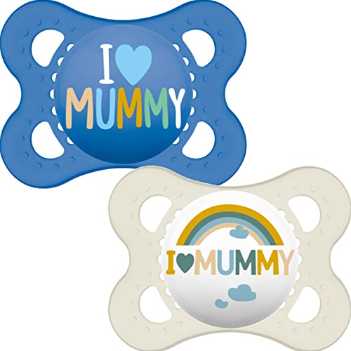 MAM Night Soothers 0+ Months (Pack of 2), Glow in the Dark Baby Soothers with Self Sterilising Travel Case, Newborn Essentials, Blue/White, (Designs May Vary)