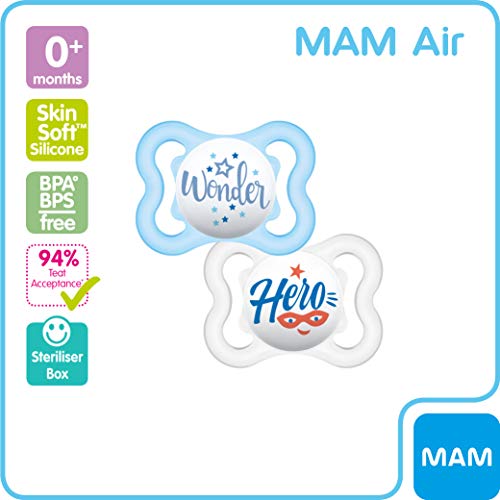 MAM Night Soothers 0+ Months (Pack of 2), Glow in the Dark Baby Soothers with Self Sterilising Travel Case, Newborn Essentials, Blue/White, (Designs May Vary)