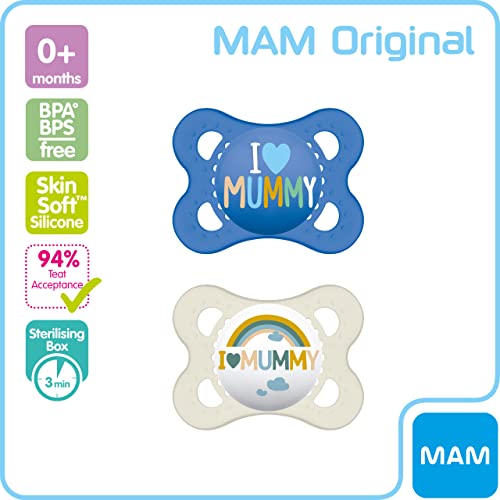 MAM Night Soothers 0+ Months (Pack of 2), Glow in the Dark Baby Soothers with Self Sterilising Travel Case, Newborn Essentials, Blue/White, (Designs May Vary)