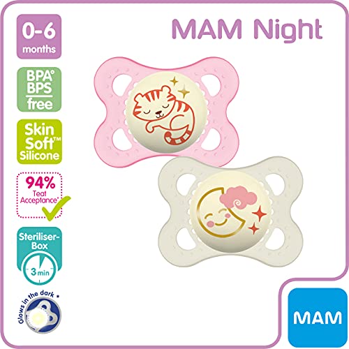 MAM Night Soothers 0+ Months (Pack of 2), Glow in the Dark Baby Soothers with Self Sterilising Travel Case, Newborn Essentials, Blue/White, (Designs May Vary)