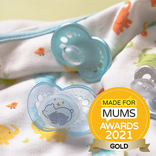 MAM Night Soothers 0+ Months (Pack of 2), Glow in the Dark Baby Soothers with Self Sterilising Travel Case, Newborn Essentials, Blue/White, (Designs May Vary)